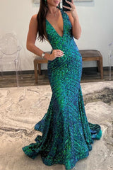 Deep V Neck Pink Sequins Mermaid Long Prom Dress