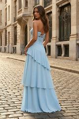 Blue - Sheath Strapless Chiffon Long Prom Dresses With Ruffles