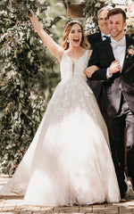 Adorable A-Line Lace Wedding Dress With Appliques And Illusion Deep-V Back