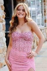 Pink Strapless Sequins Mermaid Long Prom Dress With Split