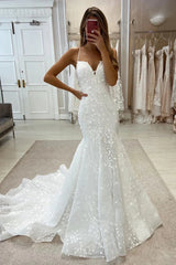 Allover Lace Wedding Dress Spaghetti Straps Mermaid Bridal Gown