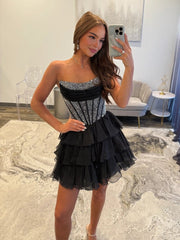 Black - Strapless A Line Chiffon Beaded Mini Party Dresses With Ruffles