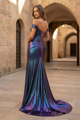 Mermaid Off the Shoulder Purple Metallic Long Prom Dress