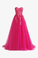Hot Pink A-Line Tulle Lace Strapless Long Prom Dress