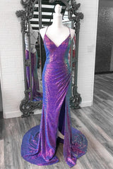 Purple Iridescent Sequins V Neck Lace-Up Mermaid Long Prom Dress with Slit