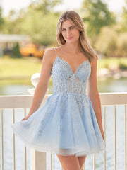 A-Line Spaghetti-Straps Sky Blue Lace Homecoming Dress With Appliques