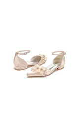 Ankle Strap Pointed Toe Low Heels with Rhinestone Flower