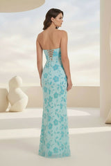 Blue Strapless Sheath Floral Sequins Long Formal Prom Dresses