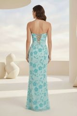 Blue Strapless Sheath Floral Sequins Long Formal Prom Dresses