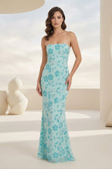 Blue Strapless Sheath Floral Sequins Long Formal Prom Dresses