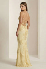 Yellow Spaghetti Straps Sheath Long Prom Dresses With Floral Embroidery