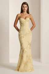 Yellow Spaghetti Straps Sheath Long Prom Dresses With Floral Embroidery