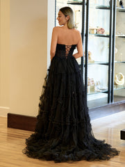 Black Strapless Tulle A Line Lone Prom Dress