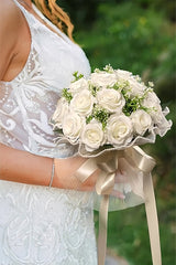 Artificial Ivory Rose Cascade Wedding Flower Bouquets with Pearl