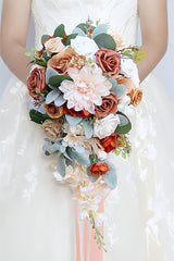 Artificial Orange Rose Peony Cascade Wedding Flower Bouquets