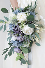 Artificial Purple Rose Cascade Wedding Flower Bouquets with Ribborn