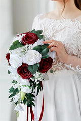 Artificial Red Rose Cascade Wedding Flower Bouquets with Ribborn