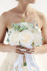 Artificial White Silk Rose Peony Cascade Wedding Bouquet Flowers