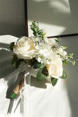 Artificial White Silk Rose Peony Cascade Wedding Bouquet Flowers