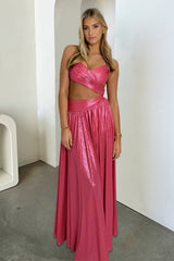 Hot Pink A Line V Neck Metallic Satin Long Prom Dresses With Cut out