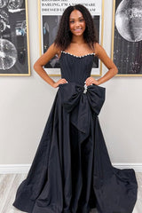 Black - Strapless A Line Satin Pearl Long Formal Prom Dresses With Bow