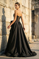 Black - Strapless A Line Satin Pearl Long Formal Prom Dresses With Bow