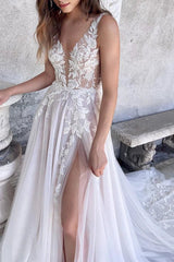 Attractive Illusion Deep V Neck Lace Appliques Boho Wedding Dress with Slit