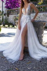 Attractive Illusion Deep V Neck Lace Appliques Boho Wedding Dress with Slit