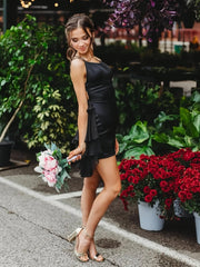 Black - Scoop Neck Satin Ruffle Short Homecoming Dress