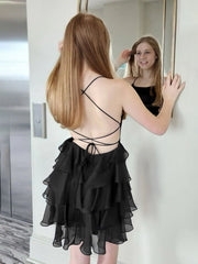 Black - Scoop Neck Satin Ruffle Short Homecoming Dress