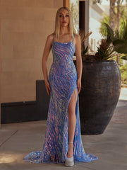 Scoop Neck Hot Pink Mermaid Sequins Long Prom Dresses with Beading