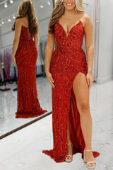 Red Strapless Mermaid Sequined Long Formal Prom Dresses With Slit