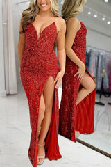 Red Strapless Mermaid Sequined Long Formal Prom Dresses With Slit