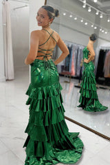 Dark Green Spaghetti Straps Mermaid Metallic Ruffled Prom Dresses With Slit