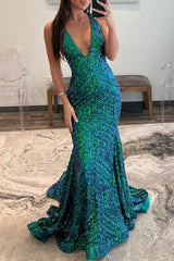 Deep V Neck Pink Sequins Mermaid Long Prom Dress