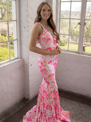 Pink V Neck Sequin Lace Mermaid Prom Dress