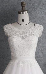 Ball Gown Cap Sleeve Lace Satin Dress With Beading Appliques Illusion