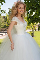 Ball Gown V-Neck Ruched Cap Sleeve Tulle Wedding Dress