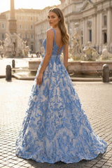 Blue A Line Square Neck Tulle Applique Long Prom Dresses with Lace Appliques