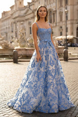 Blue A Line Square Neck Tulle Applique Long Prom Dresses with Lace Appliques