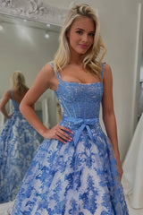 Blue A Line Square Neck Tulle Applique Long Prom Dresses with Lace Appliques
