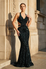 Halter V-Neck Sequined Sleeveless Mermaid Sparkly Long Prom Dress