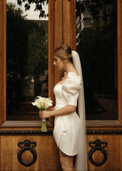 Bodycon Square Neck Satin Short Wedding Dresses with Lantern Sleeves