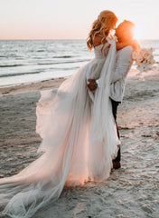 Beach Pleated Tulle Off-The-Shoulder A-Line Wedding Dresses With Slit