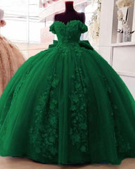 Big Bow Floral Flower Lace Applique Off Shoulder Ball Gown Quinceanera Dresses