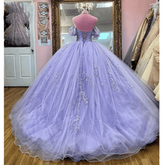 Lavender Off The Shoulder Beaded Tulle Quinceanera Dresses With Appliques