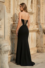 Black Strapless Mermaid Cut-out Long Corset Prom Dress with Slit