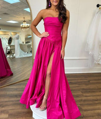 Fuchsia Strapless Taffeta A-line Long Formal Dress