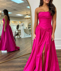 Fuchsia Strapless Taffeta A-line Long Formal Dress