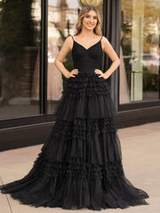 A-Line Deep V Neck Tiered Long Glitter Tulle Prom Dress